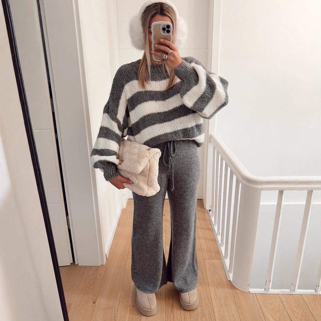 Kvinders hyggelige cropped sweater med brede striber og høj krave Stilla