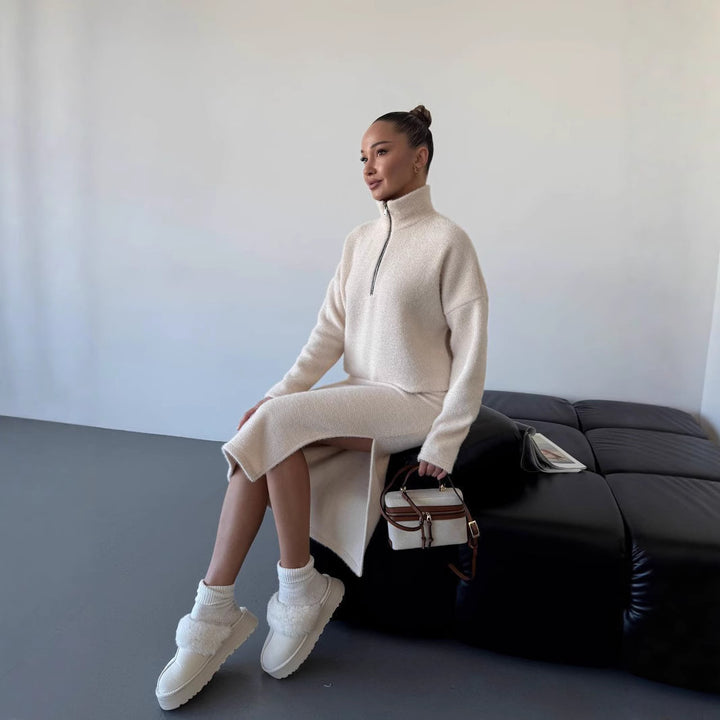 Kvinders strikket sweater med kort lynlås Skovae