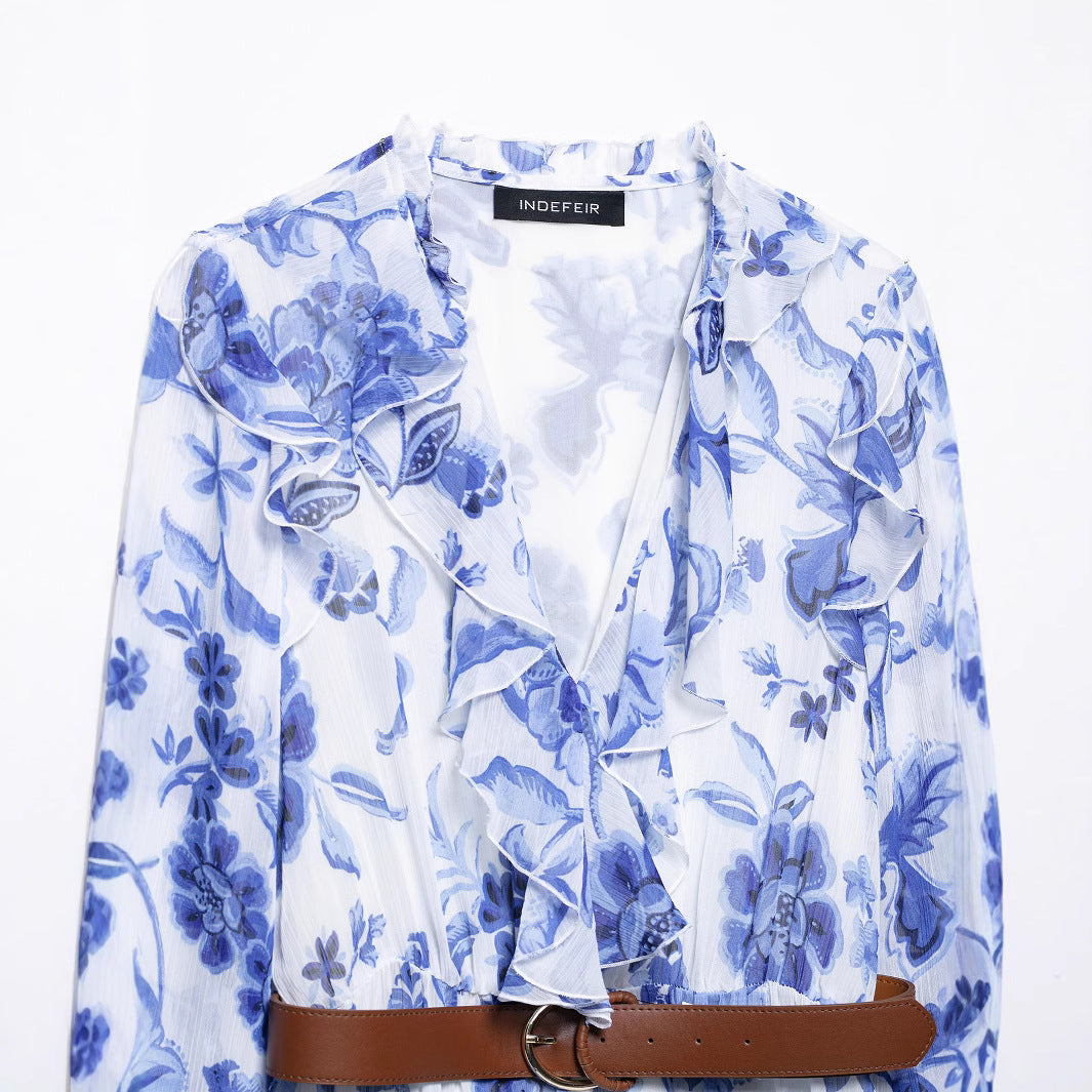 Dame Floral-Print Langærmet Kjole med Bælte Stilla