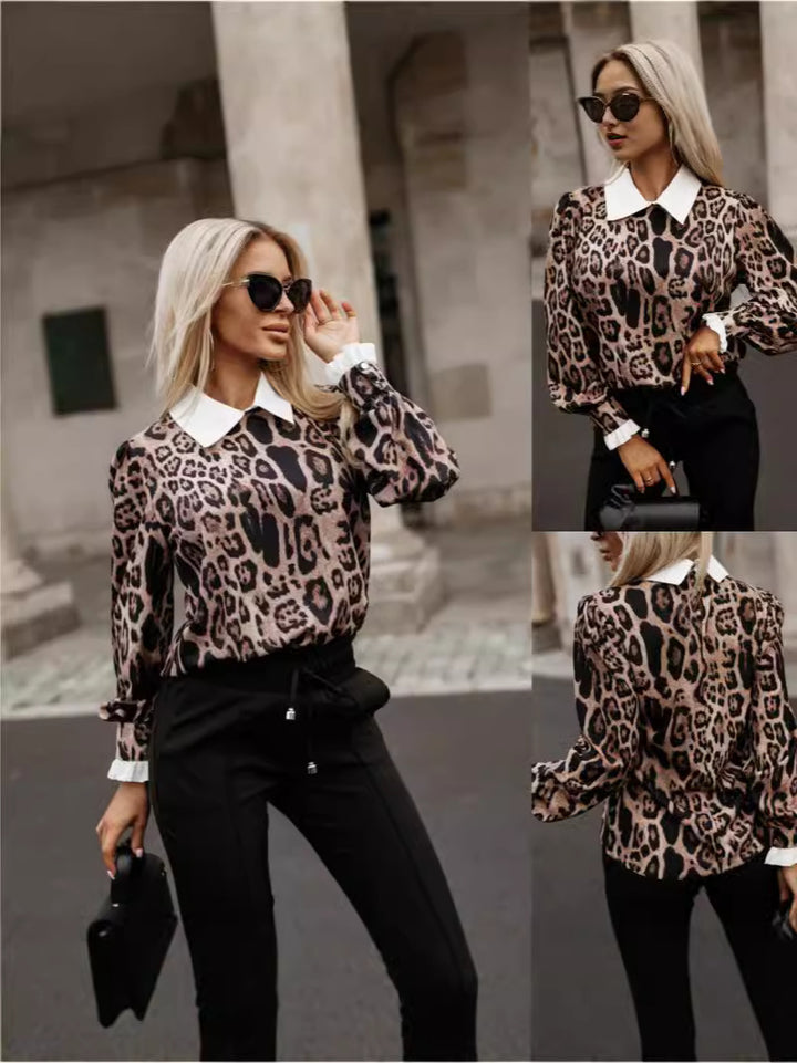 Dame Elegante Bluse med leopardmønster og krave Stilla