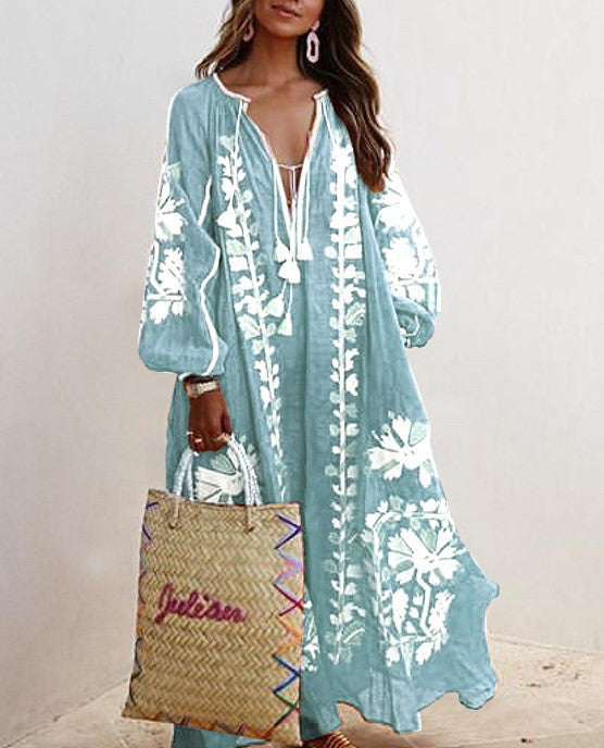 Dame Lang Kaftan med blomster broderi og luftige ærmer Stilla