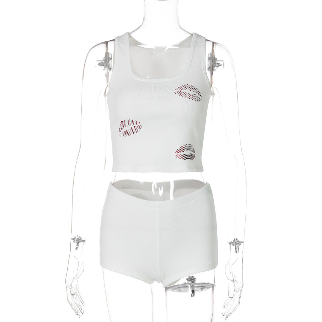 Dame Sporty Crop-Top og Shorts Sæt med forførende læbe-design Stilla