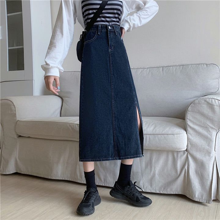Dame Lang Denim Nederdel med Sideslids Stilla