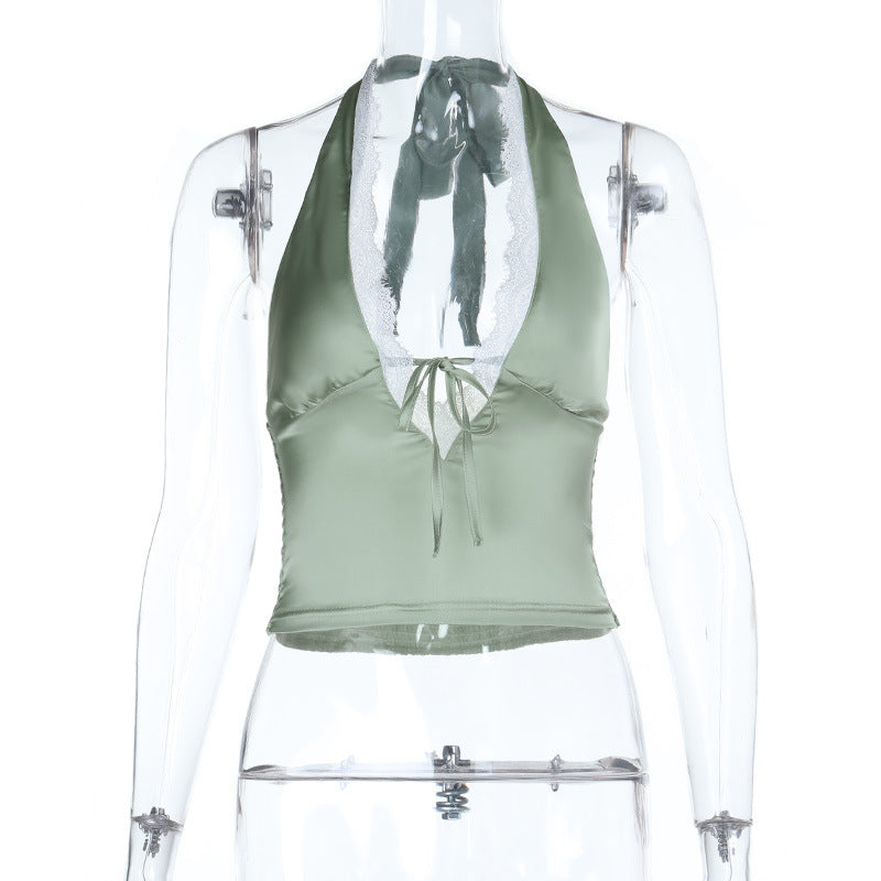 Dame Halter-Crop-Top med fine spidsdetaljer Skovae