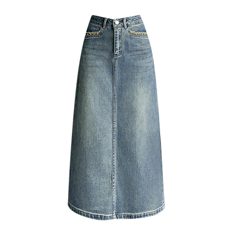 Kvinders denim midi nederdel med flared kant Stilla