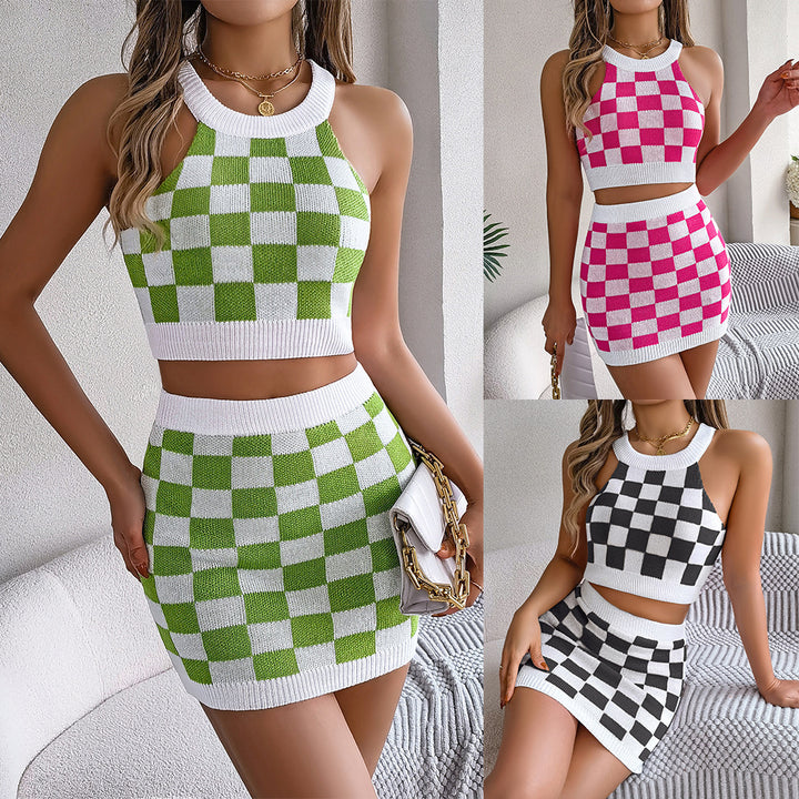 Dame Crop-Top og Mini-Nederdel Sæt med ternet Design Stilla