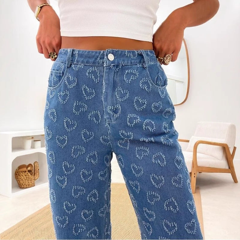 Dame fritidsjeans med unikt hjerte mønster Stilla
