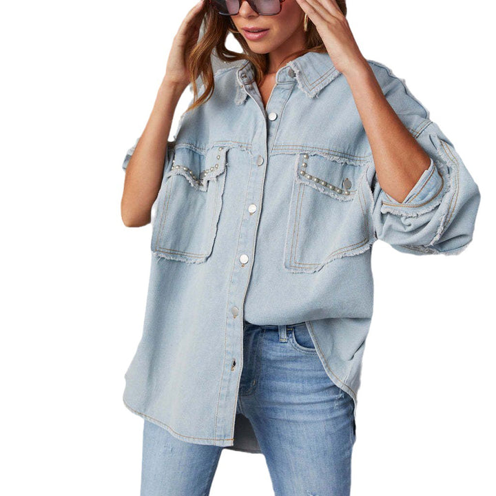 Dame Oversized Denim Skjorte med Frynser og Lommer Stilla