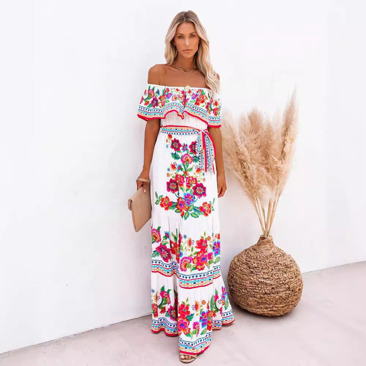 Dame Off-Shoulder Maxikjole med blomster mønstre og elastisk taljebælte Stilla