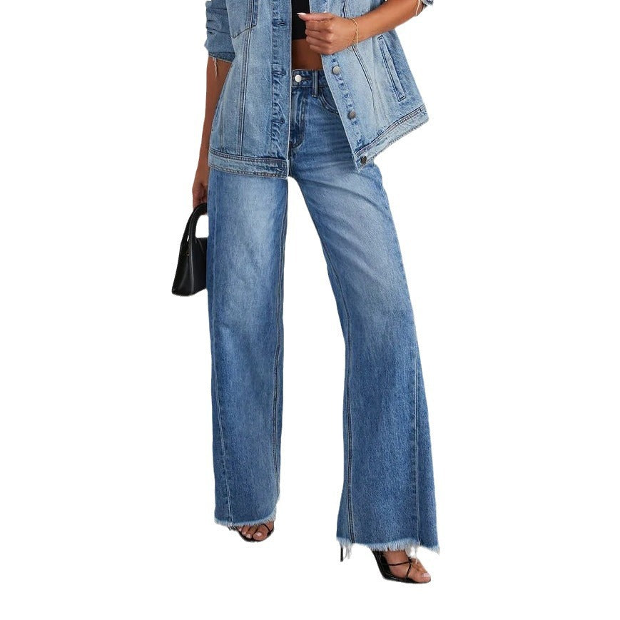 Dame Bredskårne jeans med frynset kant i vintage-stil Stilla