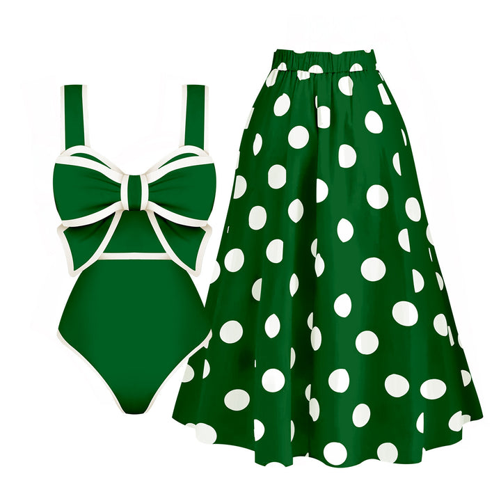 Dame badetøj sæt med flot sløjfe badedragt og elegant polka dot nederdel Stilla