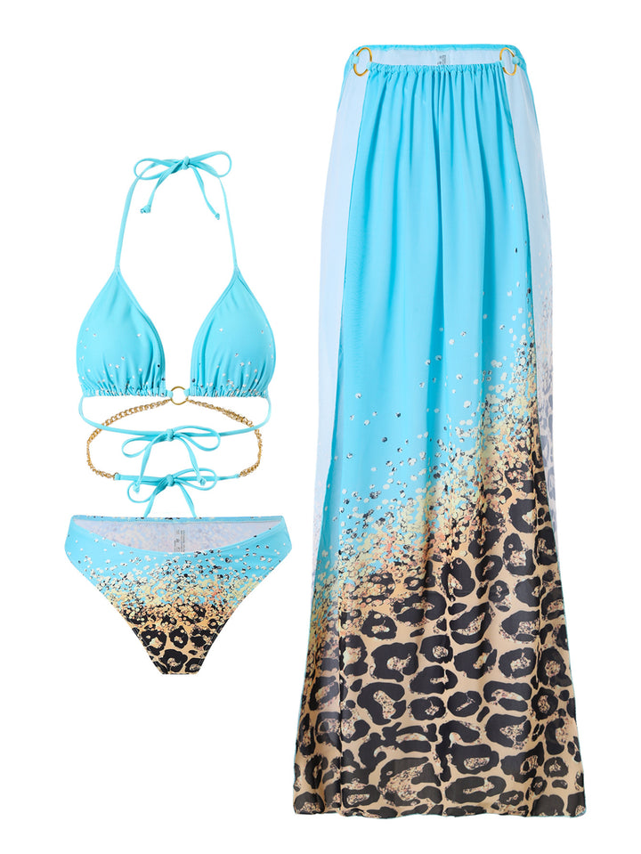 Dame Bikini-sæt med elegant indpakningsskørt og rhinestone-applikationer Stilla