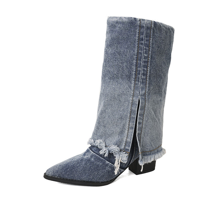 Dame mode jeansstøvler med frynset design og elegant blokhæl Stilla
