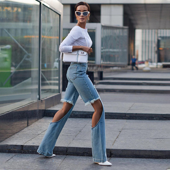 Dame Trendy Jeansshorts med sidelæns cut-outs og frynser Stilla