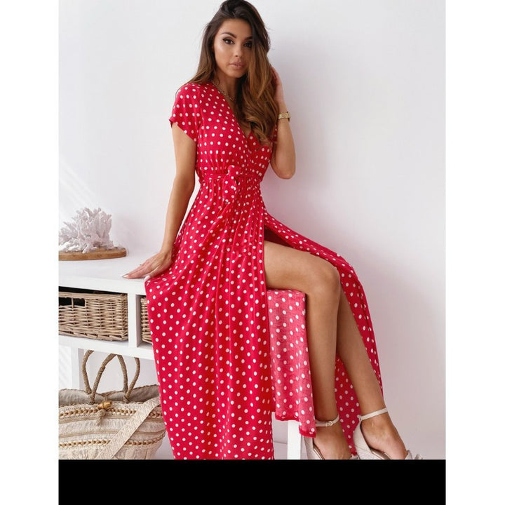 Dame Polka Dot Wrap Maxi Kjole med Sideslids og Bindebånd Stilla