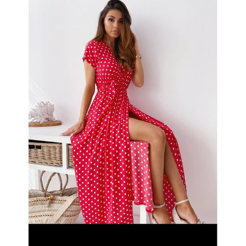 Dame Polka Dot Wrap Maxi Kjole med Sideslids og Bindebånd Stilla