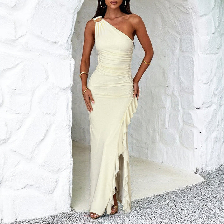 Damer Ruched Maxi Kjole med Asymmetrisk U-hals og Legende Ruffle Design