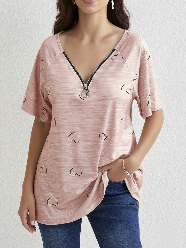 Dame moderne oversized T-shirt med halvtransparent hjerte design og moderne lynlås Stilla
