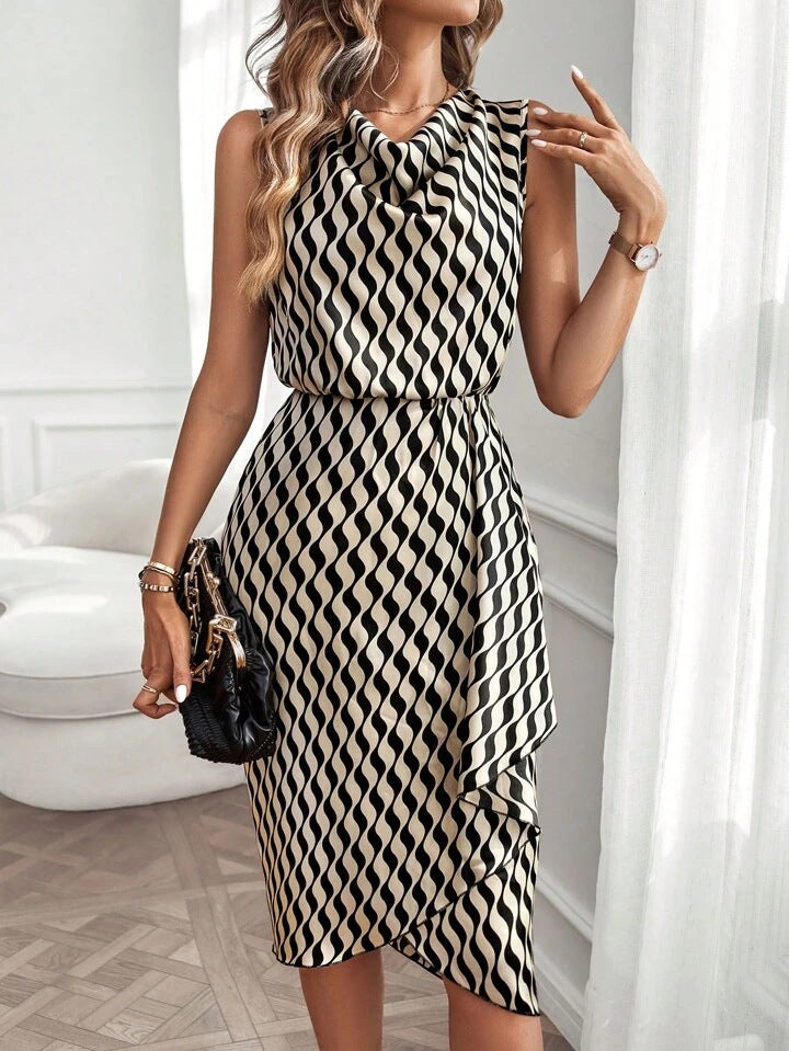 Dame Cowl Neck Draperet Midi Kjole Stilla