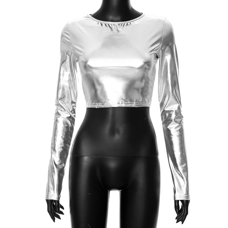 Dame Crop-top med glinsende overflade og lang arm Stilla