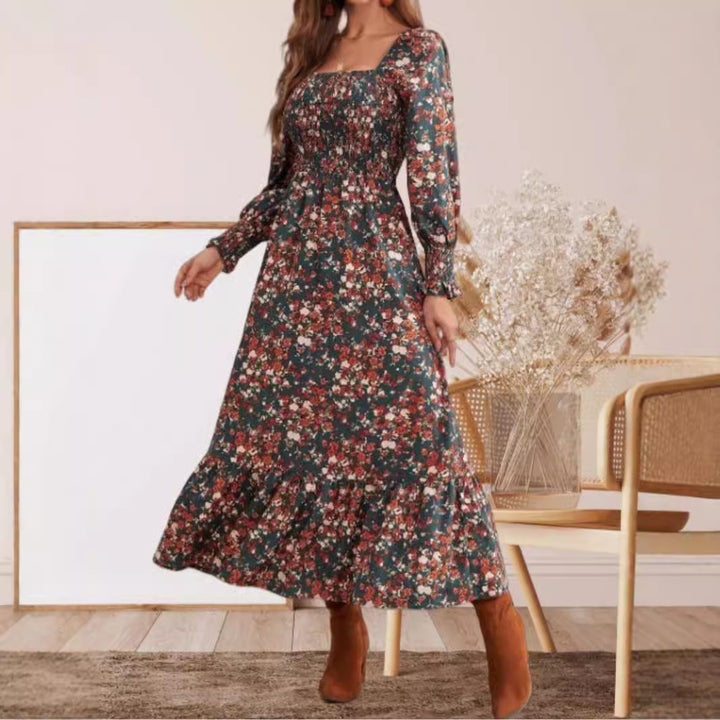 Dame blomster maxikjole med elastisk overdel og dyb V-udskæring Stilla