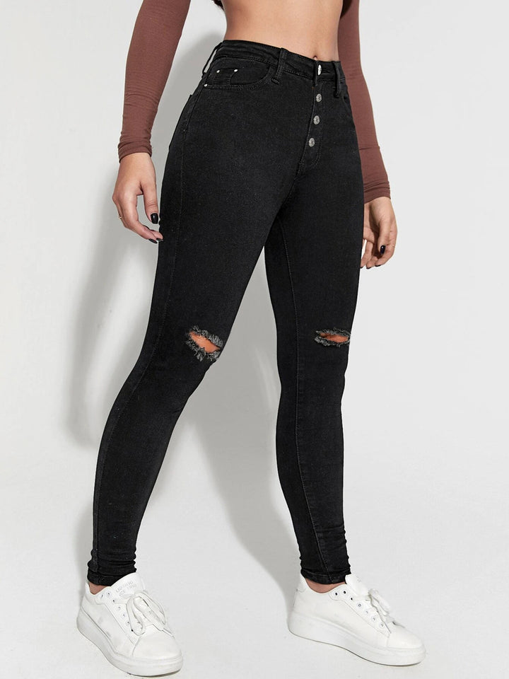 Damer High-Waist Jeans med fashionable riftdetaljer og knaplukning Stilla