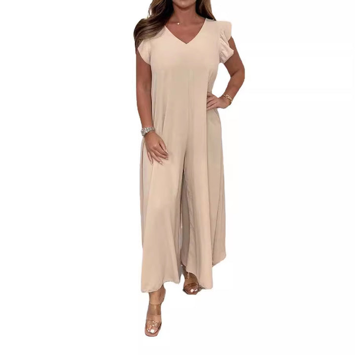 Dame Elegant bred Jumpsuit med V-hals og korte ærmer Stilla