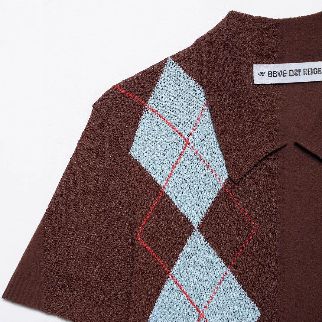 Femme Kortærmet Argyle Strik Button-Up Skjorte Stilla