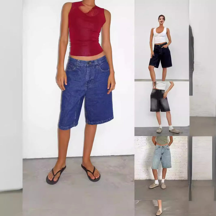 Dame afslappede Denim-shorts med bred pasform og høje sidelommer Skovae