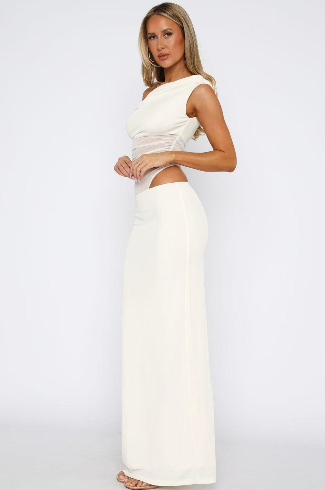 Dame Elegant Maxikjole med asymmetrisk snit og transparente indsatser Skovae