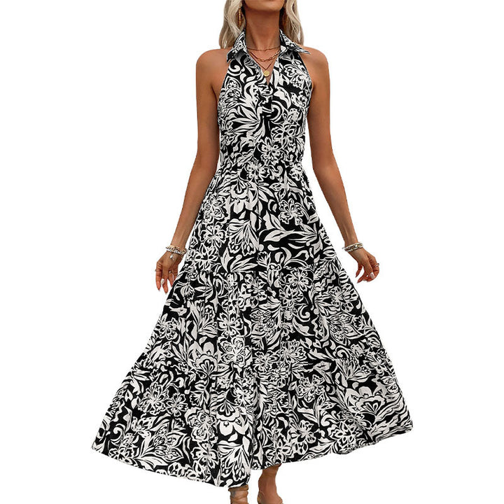Dame Floral Print Halsbånd Maxi Kjole med flydende Nederdel Stilla