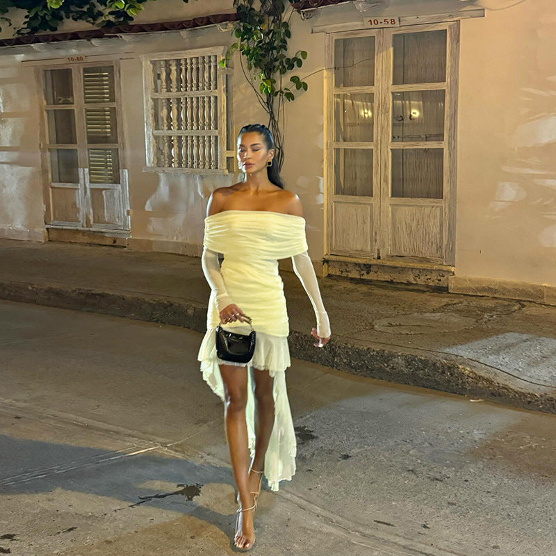 Dame Off-Shoulder Rynk Midi Kjole Stilla