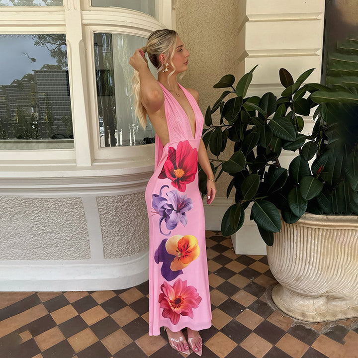 Kvinders elegante maxikjole med dyb v-hals og blomsterdesign Stilla