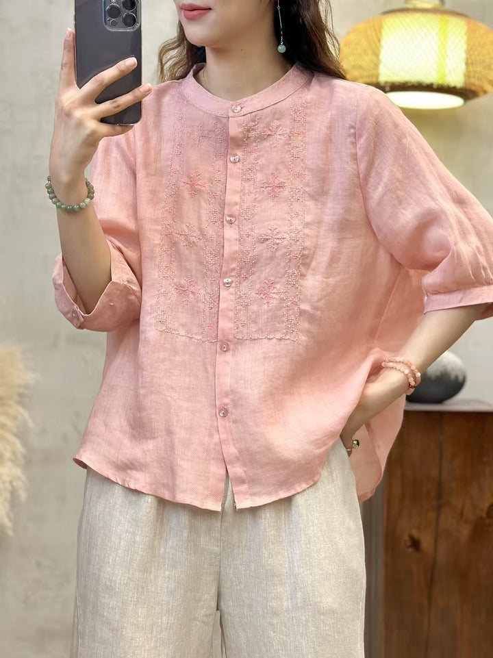 Femme Broderet Linned Knap-Op-Bluse Stilla