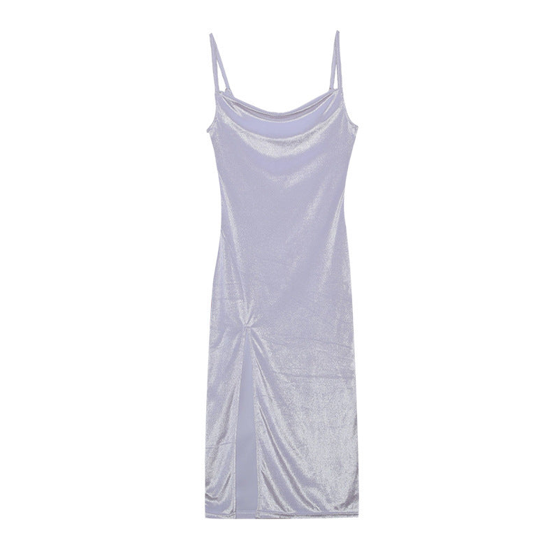 Femme Skinnende Cowl Hals Maxi Kjole med Sideslids Stilla