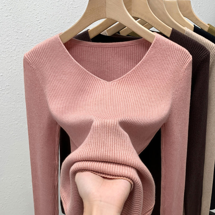 Dame Langærmet V-Udskæring Pullover med fin ribstruktur og elegant pasform Stilla