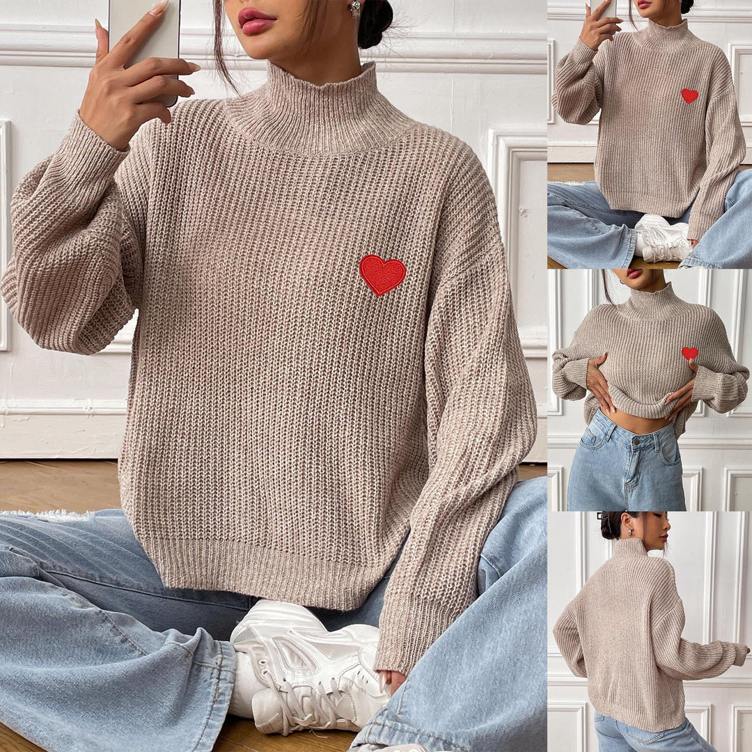 Dame rullekrave sweater med hjerteapplikation og løs pasform Stilla