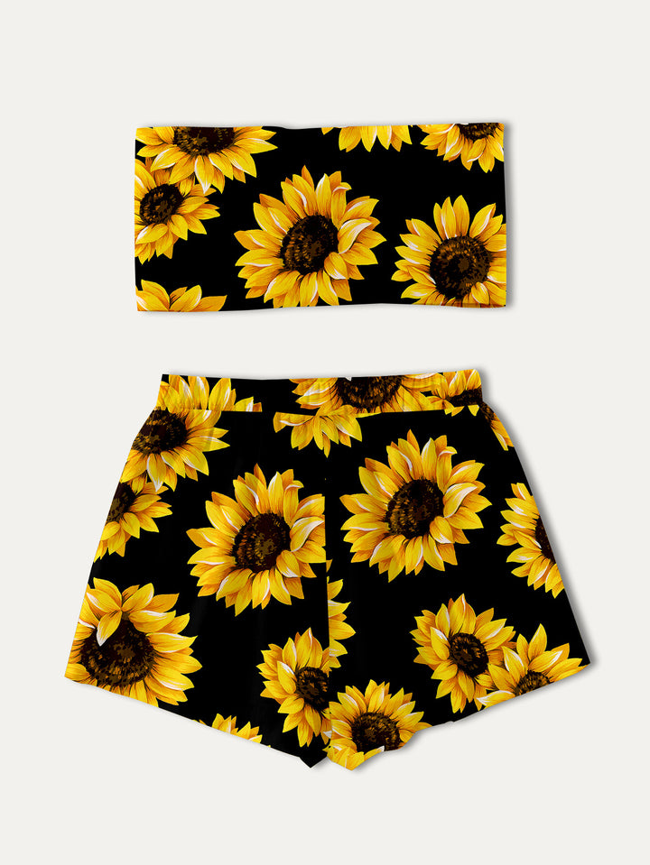 Dame Crop-Top og Shorts Sæt med Solsikke-mønster Stilla