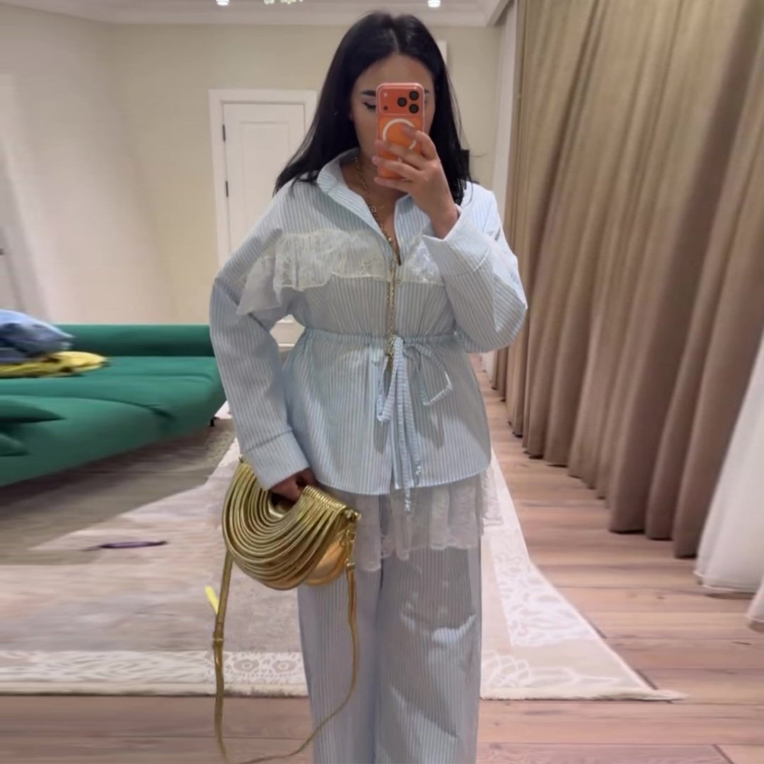 Damer casual-elegant sæt med ruffle detaljer og høj talje Skovae