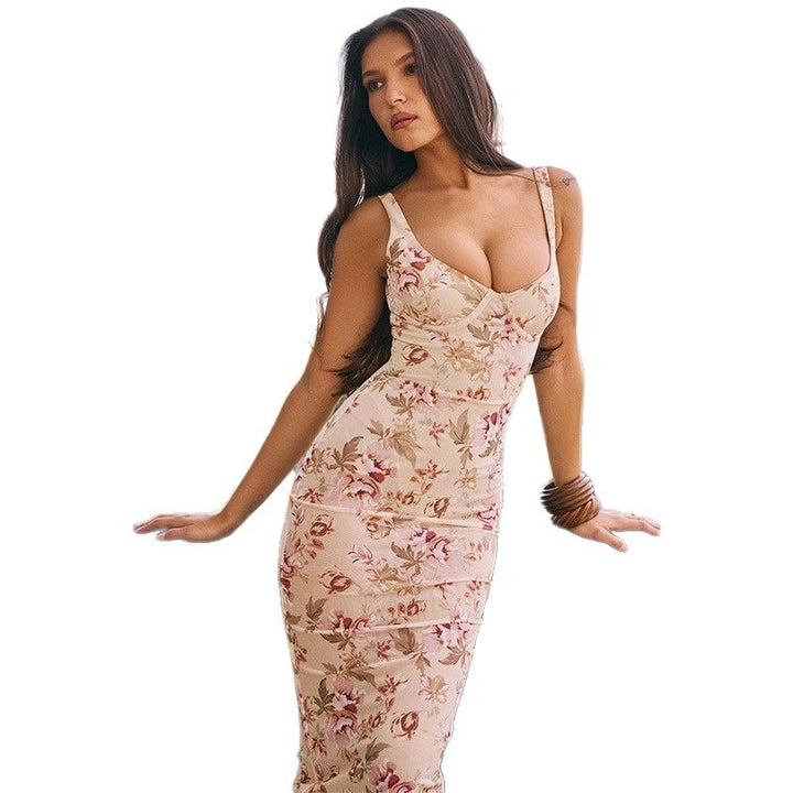 Dame maxikjole med blomster mønster og figur-silhuet Stilla