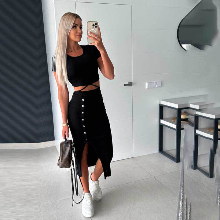 To-delt crop-top og midi-nederdel sæt til damer Stilla
