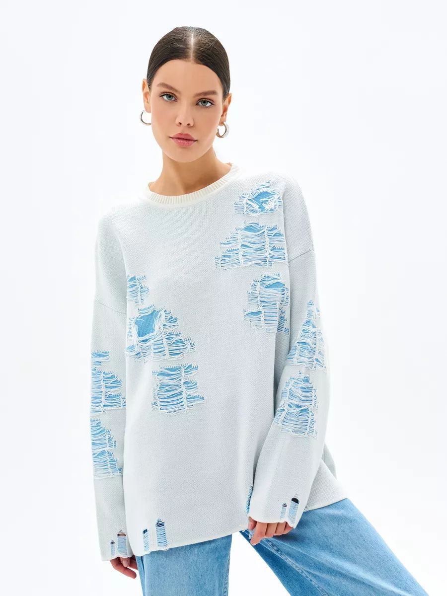 Dame Oversized Strikpullover med moderne Distressed-design og afslappede frynser Stilla