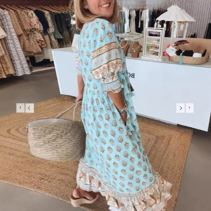Dame Boho Maxikjole med elegant V-udskæring og legende detaljer Stilla