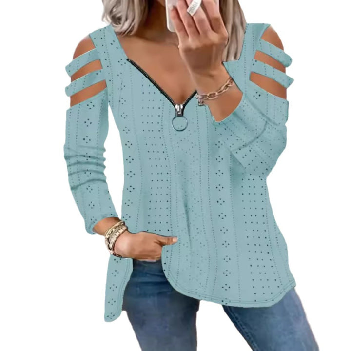 Dame V-hals bluse med cut-out ærmer og lynlås Stilla