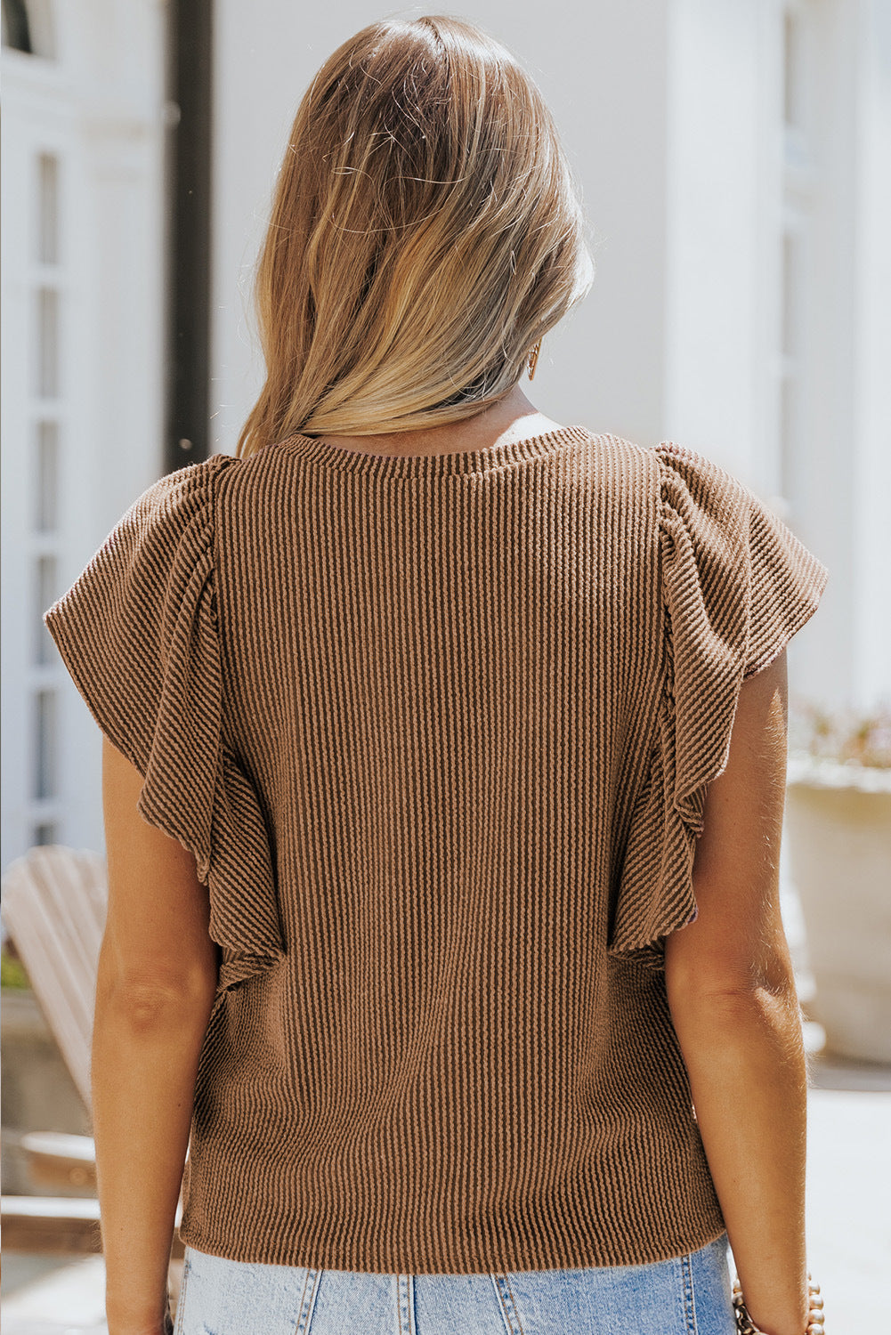 Stilla | Crew Neck Ruffle Kort Ærme Solid Løs Bluse