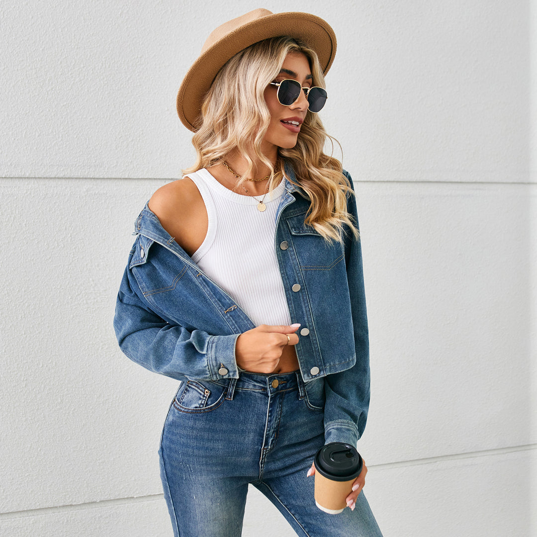Dame cropped jeansjakke med klassisk krave Stilla