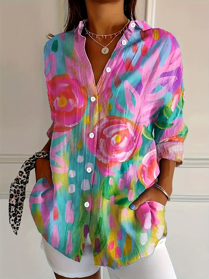 Femme Vibrant Floral Print Button-Up Shirt Stilla