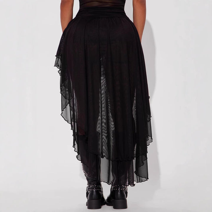 Dame svingende chiffon-nederdel med asymmetrisk kant og flæser Stilla