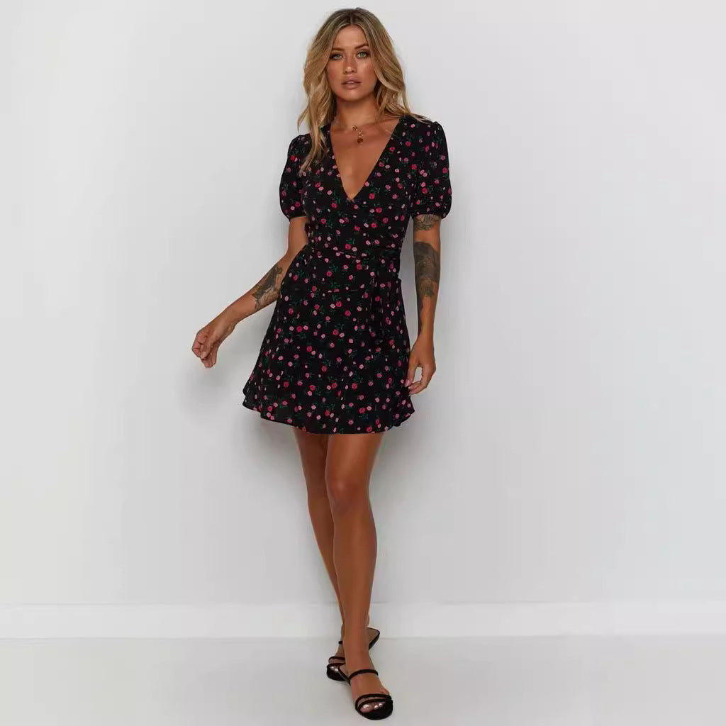 Dame Blomster Wrap Mini Kjole med Puffærmer Stilla