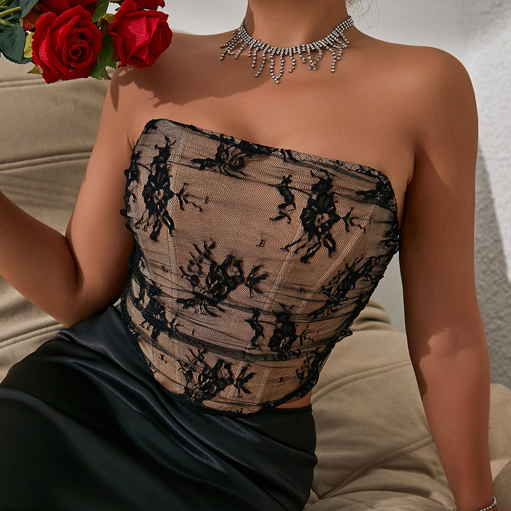 Dame Bustier-top med gennemsigtig spidsindsats og raffinerede detaljer Stilla